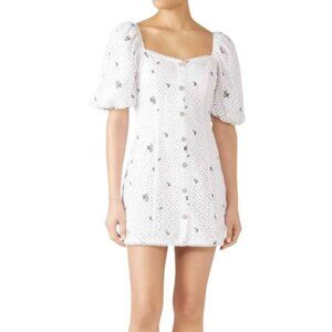 Saylor Dina Eyelet Lace Mini Dress White Floral Puff Sleeve Size Large
